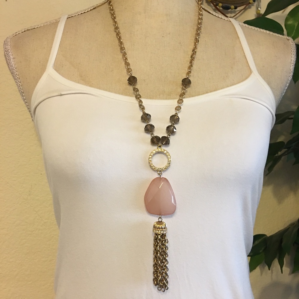 Vintage faceted stone chain tassel long necklace